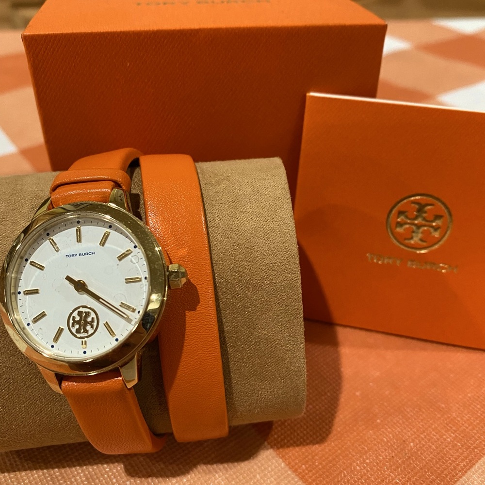 Tory Burch Colins Ivory Dial Orange Double Wrap Leather Strap Watch
